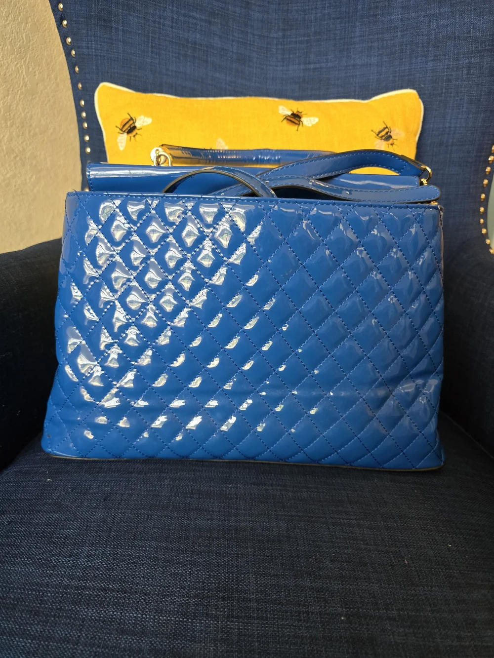 Blue Patent Quilted Satchel with 'QUEEN' Crystal Detail - Picture 2 of 6